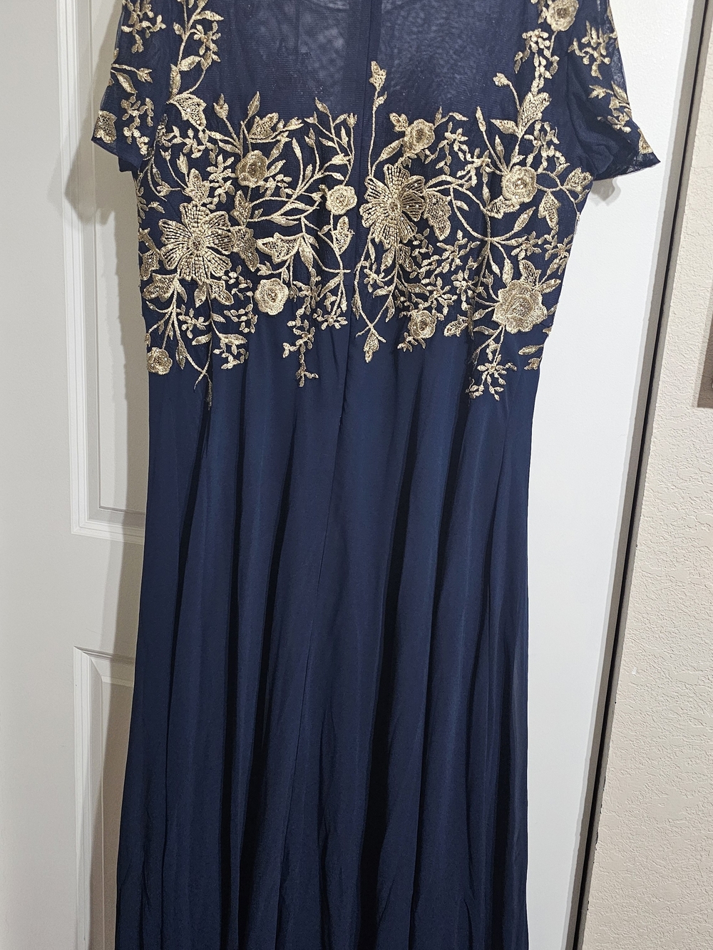 Betsy & Adam Navy Maxi Dress with Gold Floral Embroidery
